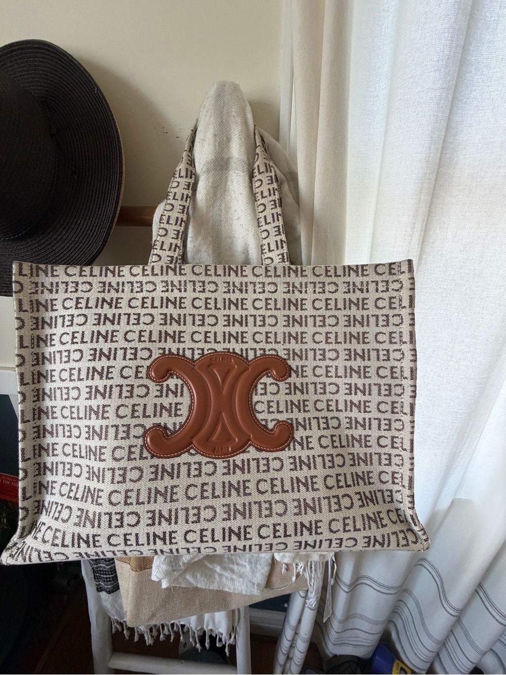 Celine Cabas Tote in Cream Canvas with Brown Leather Trim